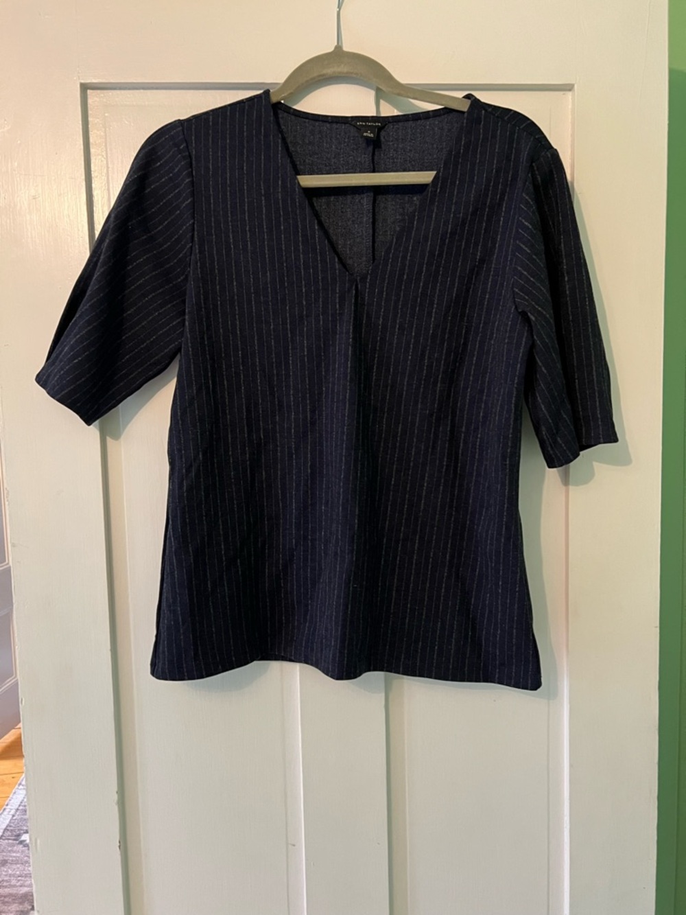 Ann Taylor Navy Pinstripe V-Neck Blouse